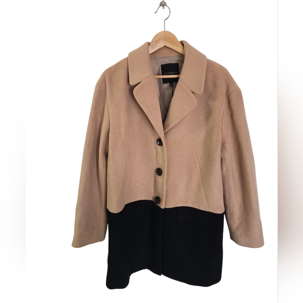 Talbots Wool Blend Coat Color Block Beige Black Size 14